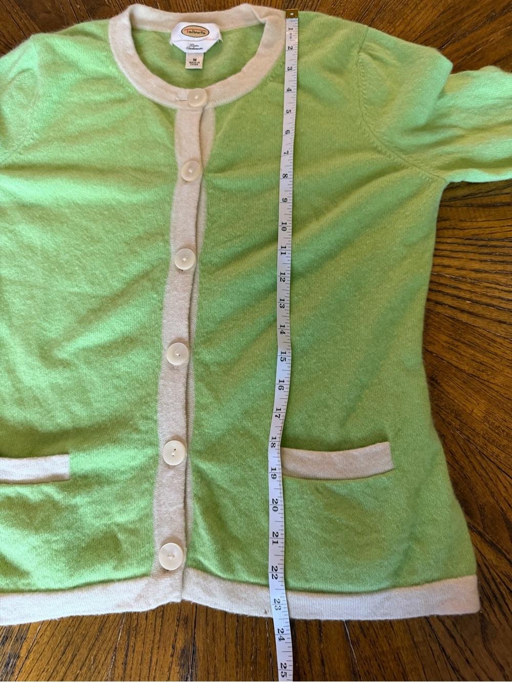 Talbots Pure Cashmere Mint Green Cardigan with Cream Trim - Picture 8 of 9